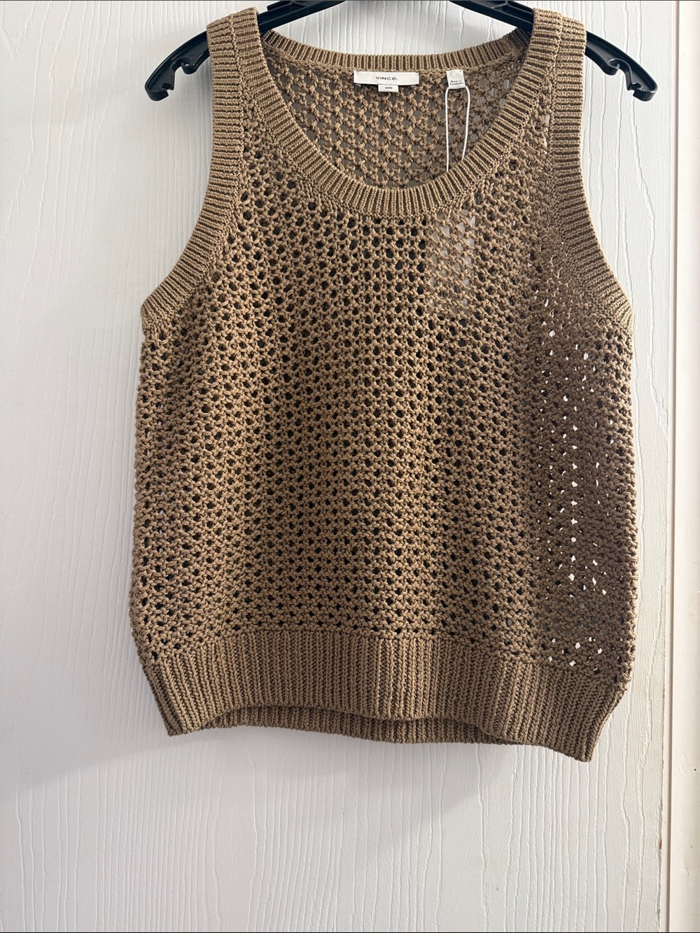 Vince Open-Knit Scoop Neck Sleeveless Sweater Vest in Brown